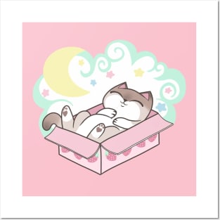 Sleepy Cat in Cardboard Box Cute Pastel Kawaii Posters and Art